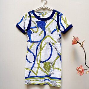 New Chain Print Short Sleeve Blue Green White Dress, Size Small